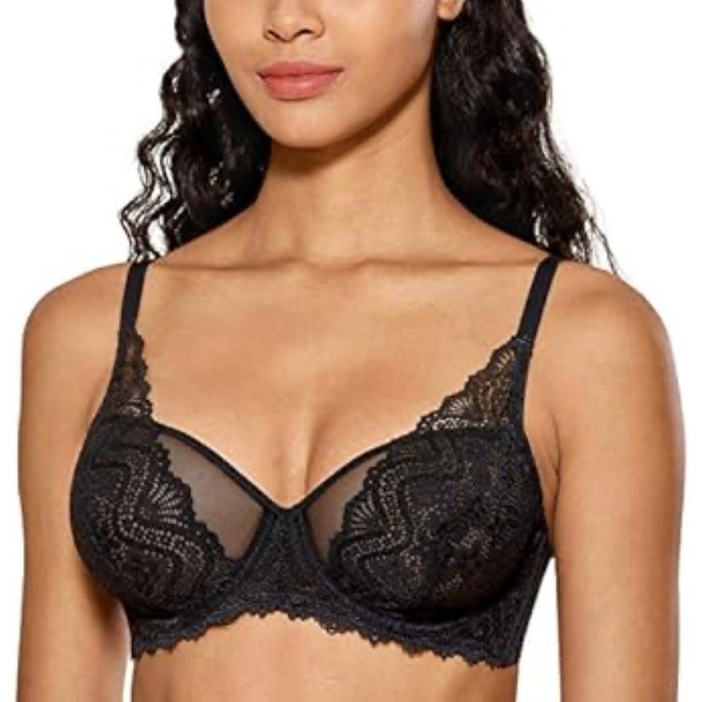 Dobreva Womens Black Floral Lace Unlined Underwire Bra 42D F104 NWT